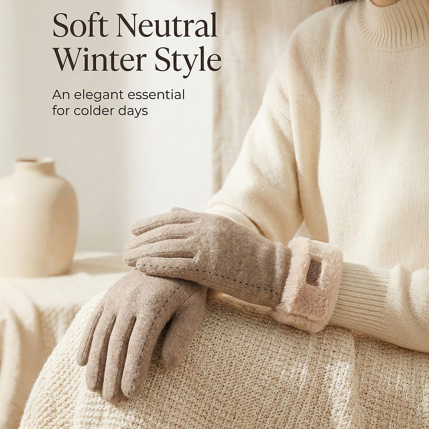 BRAND NEW -  70 % Cashmere Blend Gloves with Ultra soft Faux Fur Cuff (One Size) with touch screen tech - Beige