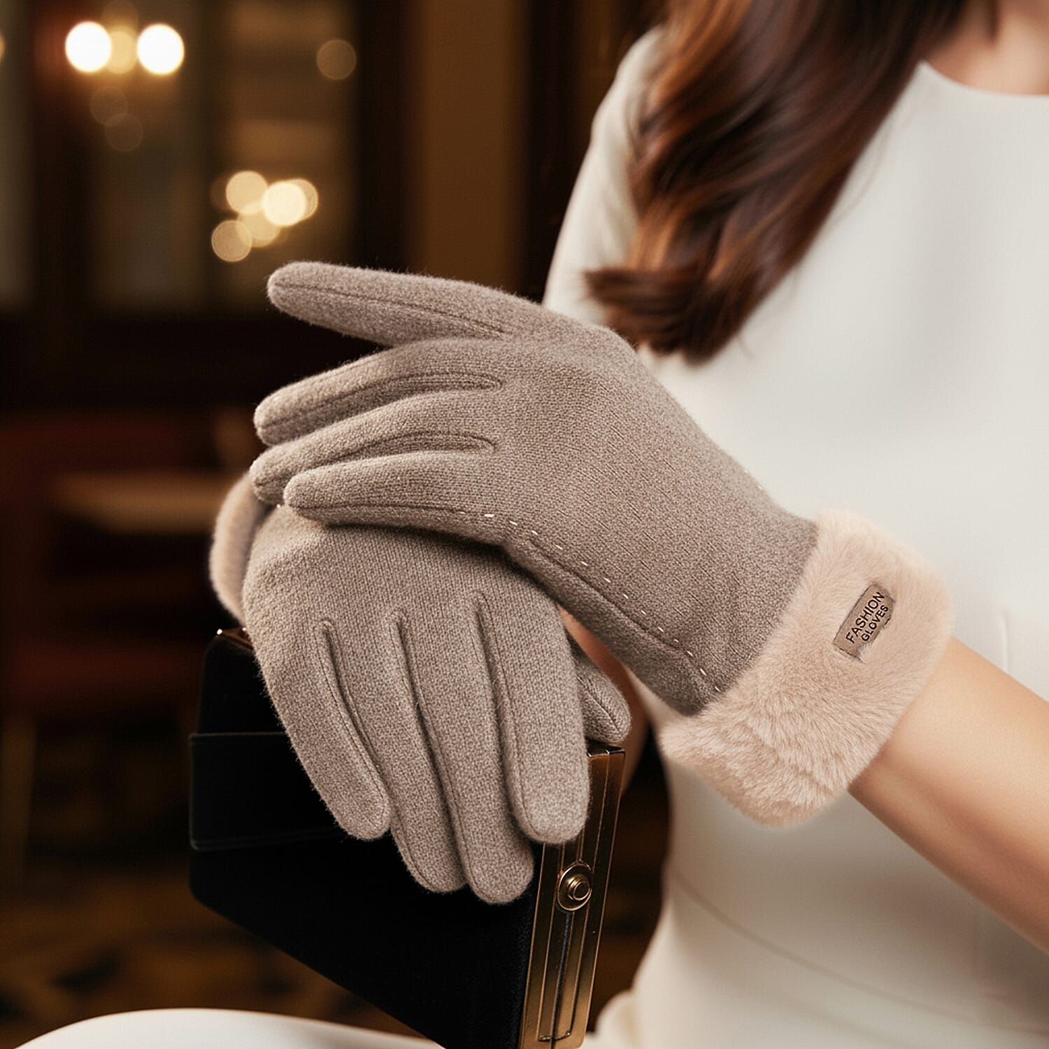 BRAND NEW -  70 % Cashmere Blend Gloves with Ultra soft Faux Fur Cuff (One Size) with touch screen tech - Beige