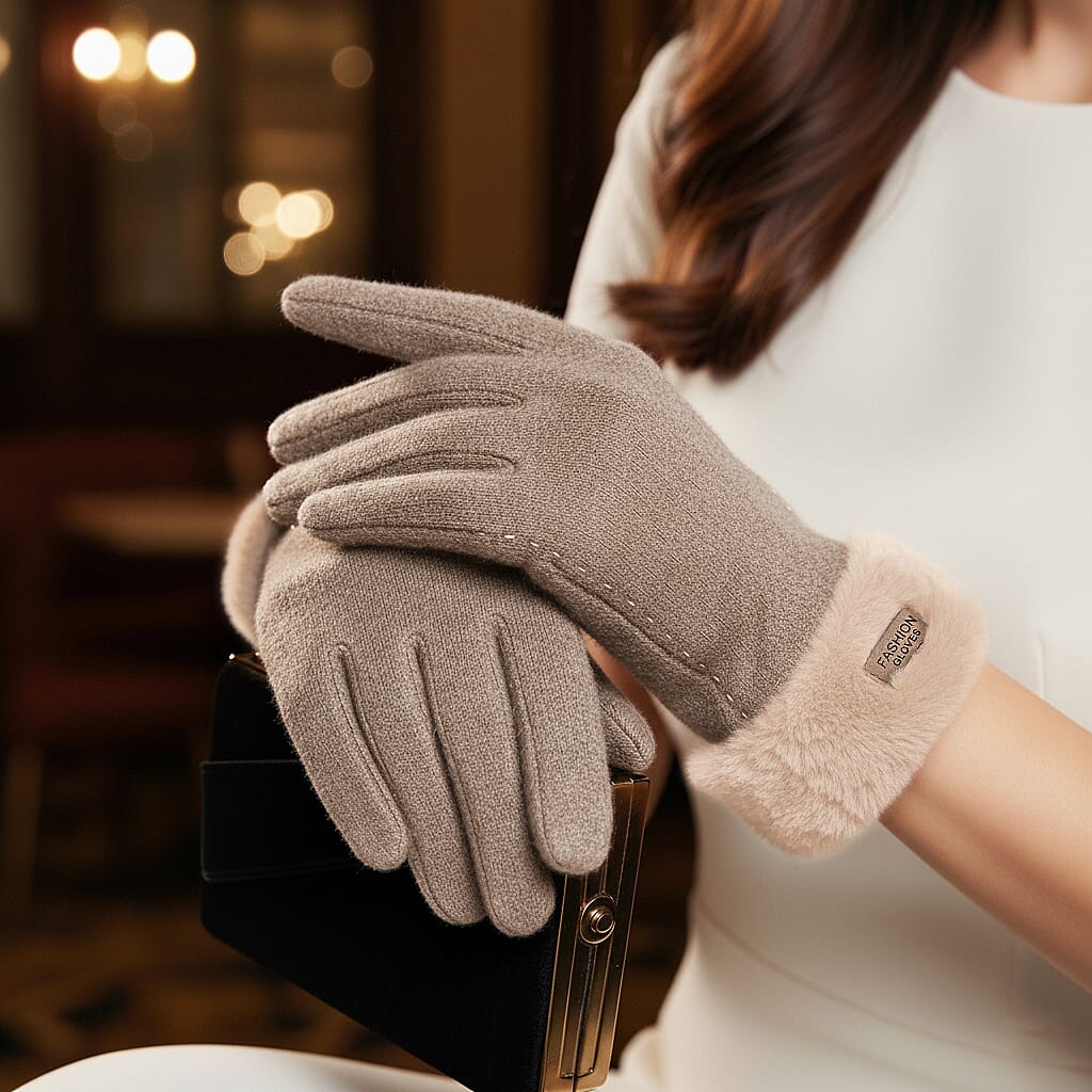 BRAND NEW -  70 % Cashmere Blend Gloves with Ultra soft Faux Fur Cuff (One Size) with touch screen tech - Beige