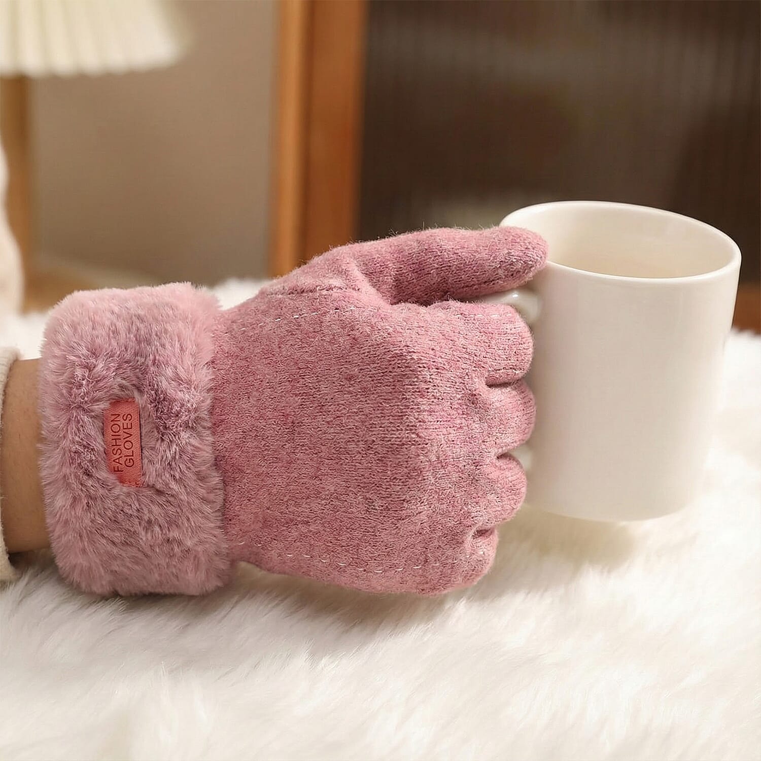 Cashmere Blend Gloves with Ultra Soft Faux Fur Cuff (One Size) with Touch Screen Tech - Pink