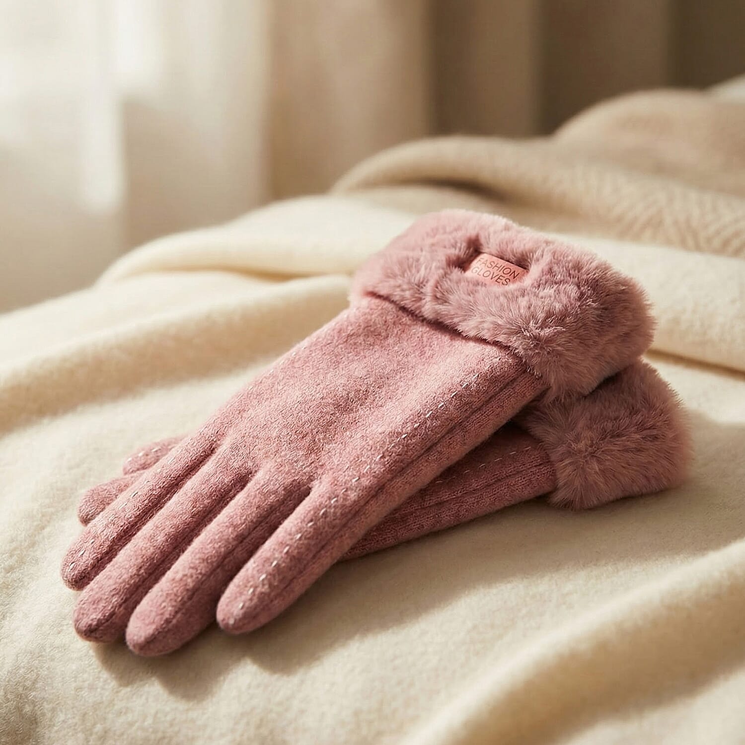 Cashmere Blend Gloves with Ultra Soft Faux Fur Cuff (One Size) with Touch Screen Tech - Pink