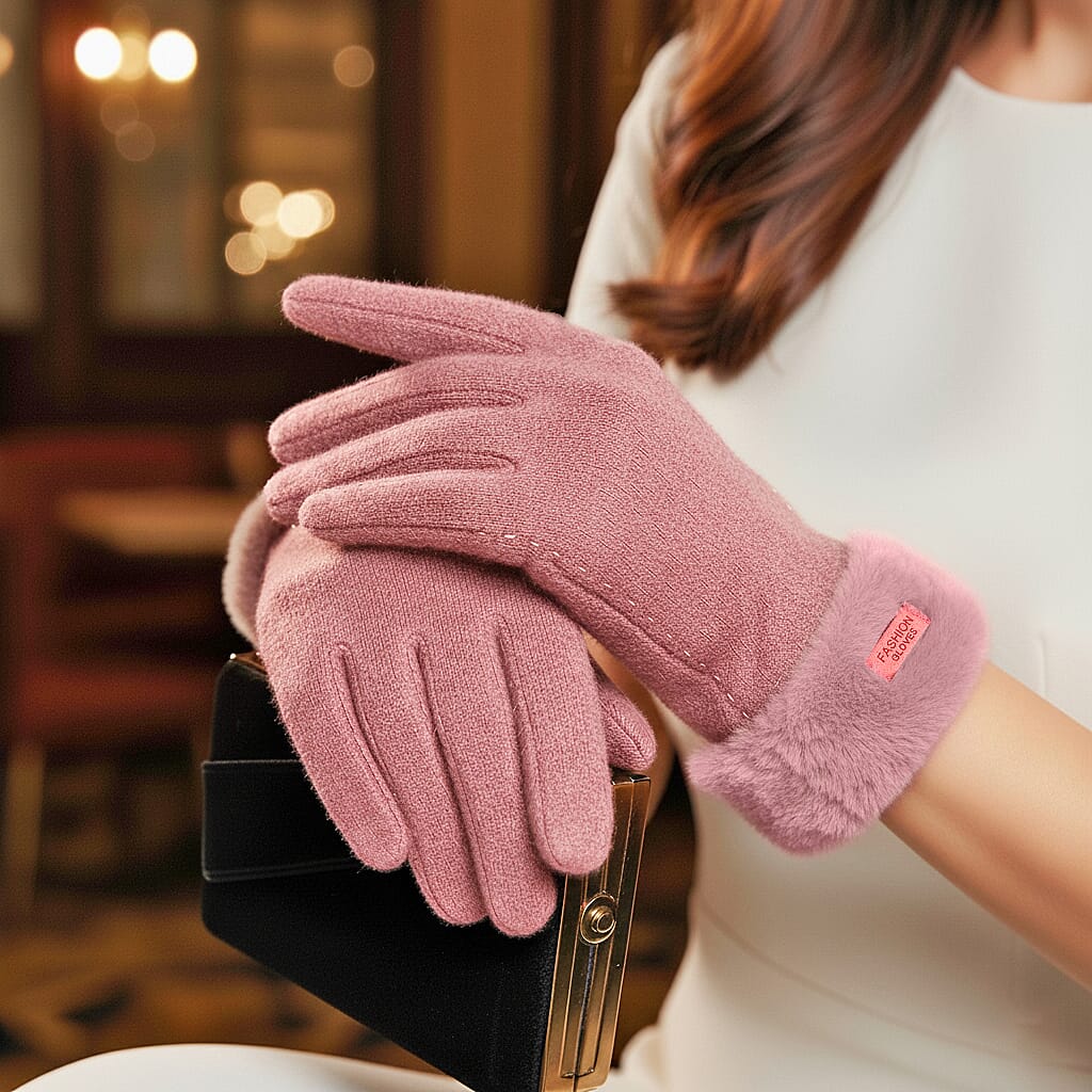 BRAND NEW -  70 % Cashmere Blend Gloves with Ultra soft Faux Fur Cuff (One Size) with touch screen tech - Pink