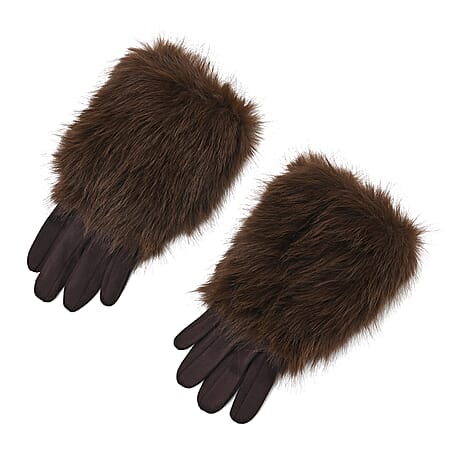 Designer Closeout - Winter Gloves with Faux Fur Cuff- Coffee