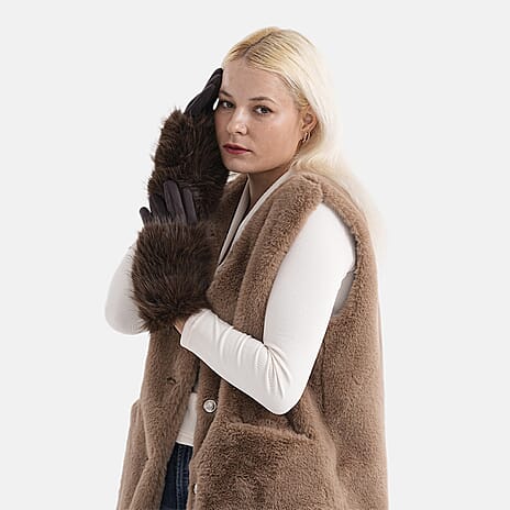 Designer Closeout - Winter Gloves with Faux Fur Cuff- Coffee