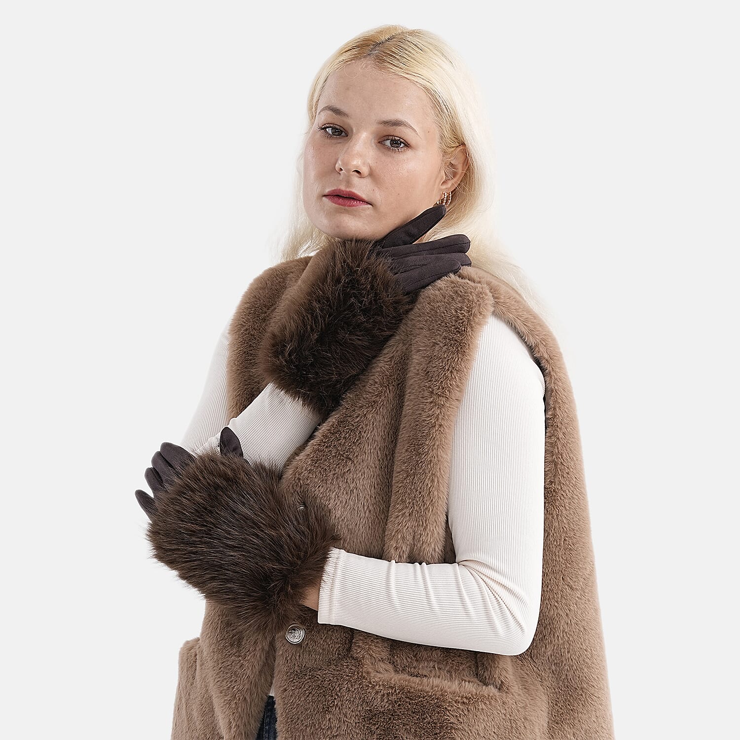 Designer Closeout - Winter Gloves with Faux Fur Cuff- Coffee