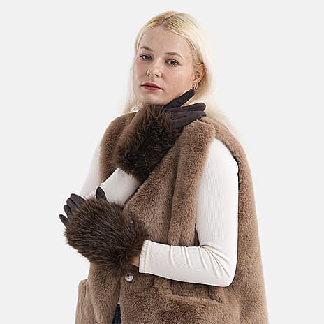 Designer Closeout - Winter Gloves with Faux Fur Cuff- Coffee