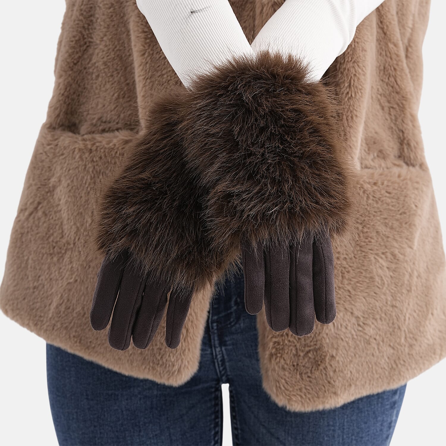 Designer Closeout - Winter Gloves with Faux Fur Cuff- Coffee