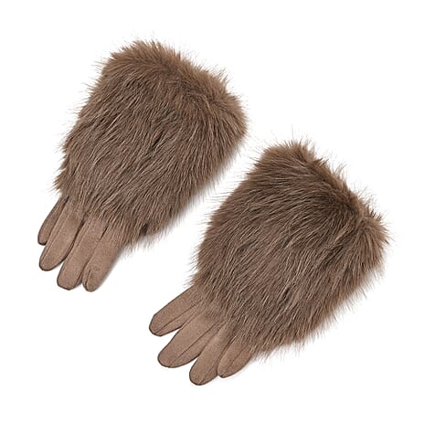 Designer Closeout - Winter Gloves with Faux Fur Cuff- Khaki
