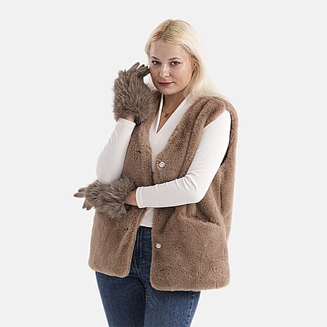 Designer Closeout - Winter Gloves with Faux Fur Cuff- Khaki