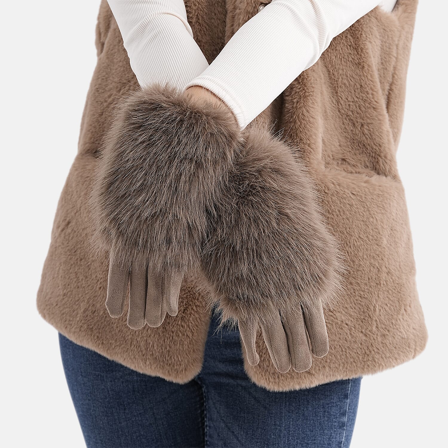Designer Closeout - Winter Gloves with Faux Fur Cuff- Khaki