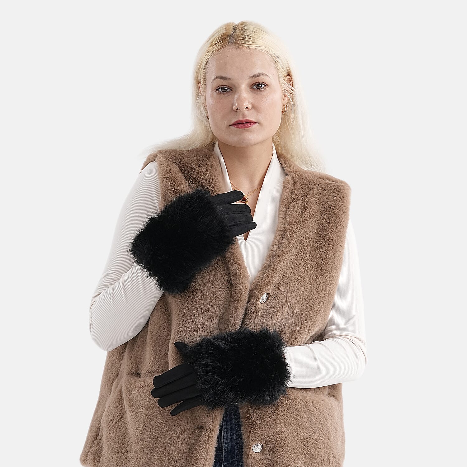 Winter Gloves with Faux Fur Cuff (23 x 9 Cm) - Black