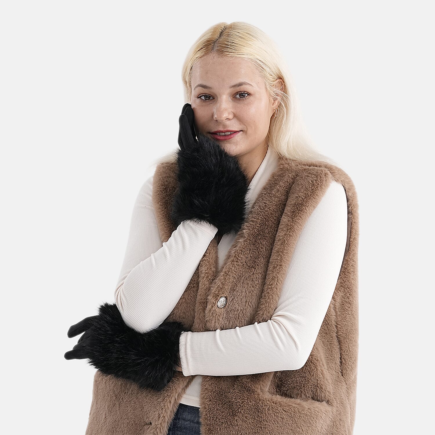 Winter Gloves with Faux Fur Cuff (23 x 9 Cm) - Black