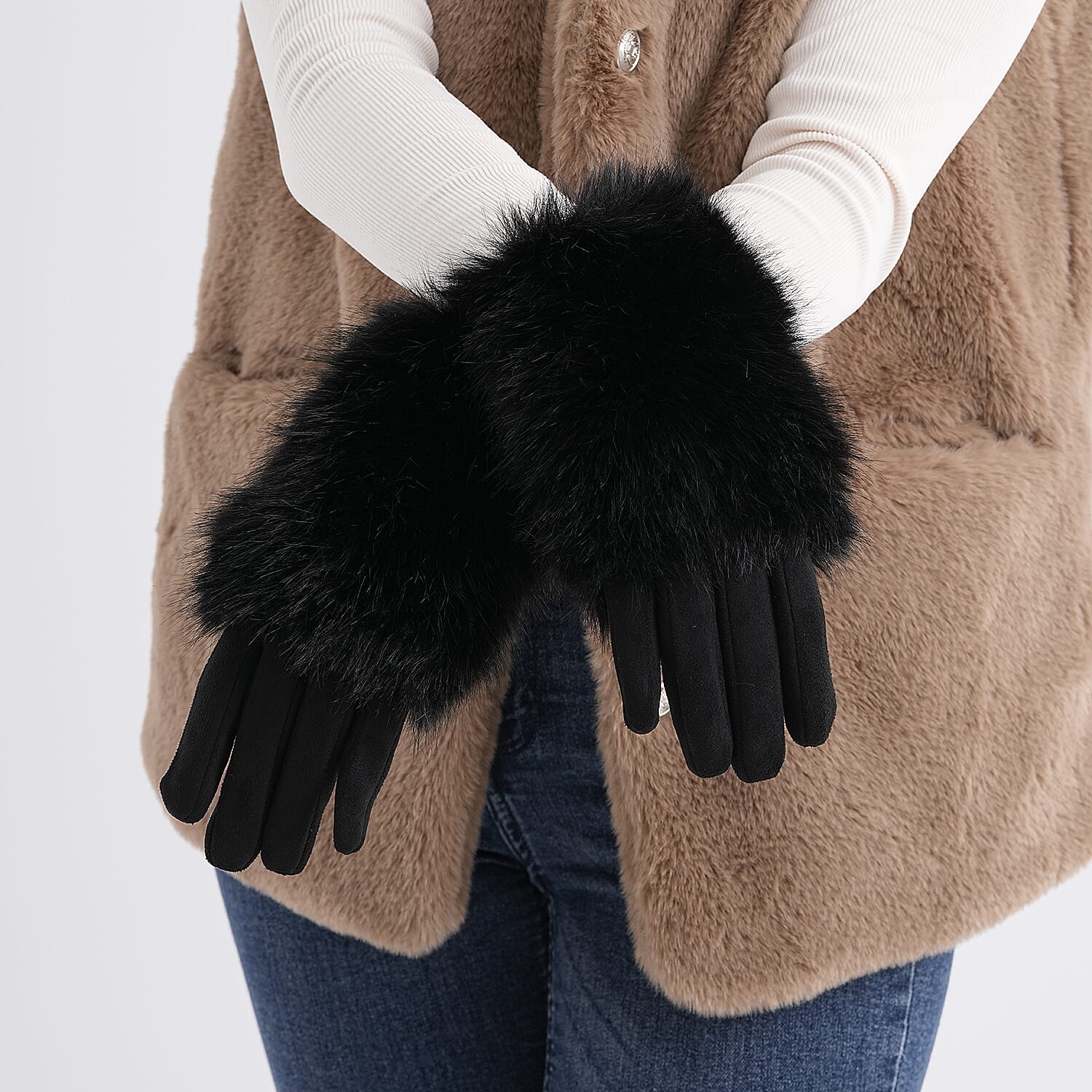 Winter Gloves with Faux Fur Cuff (23 x 9 Cm) - Black