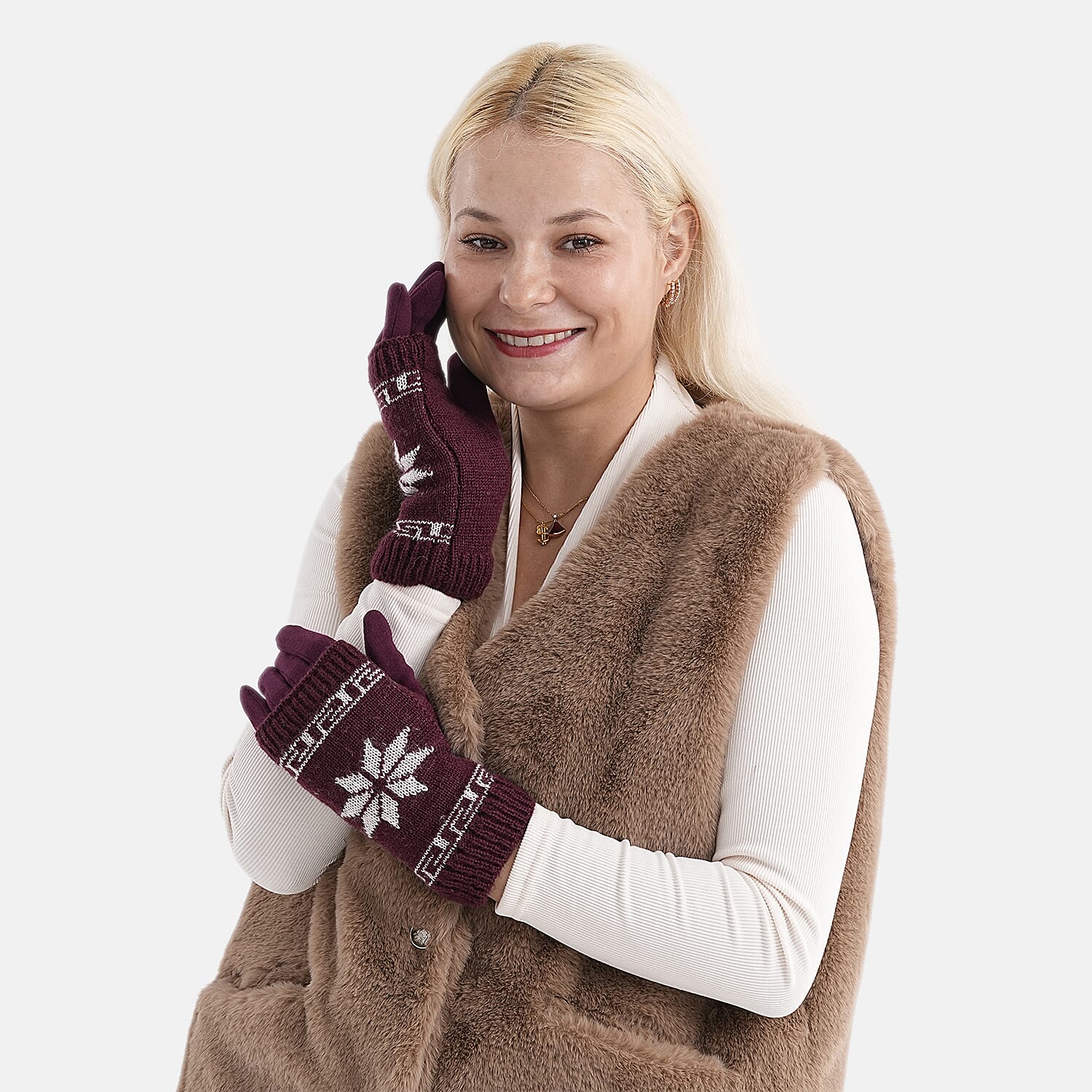 Two-in-One 5-finger Gloves & Fingerless Gloves (23 X 9 cm) - Burgundy