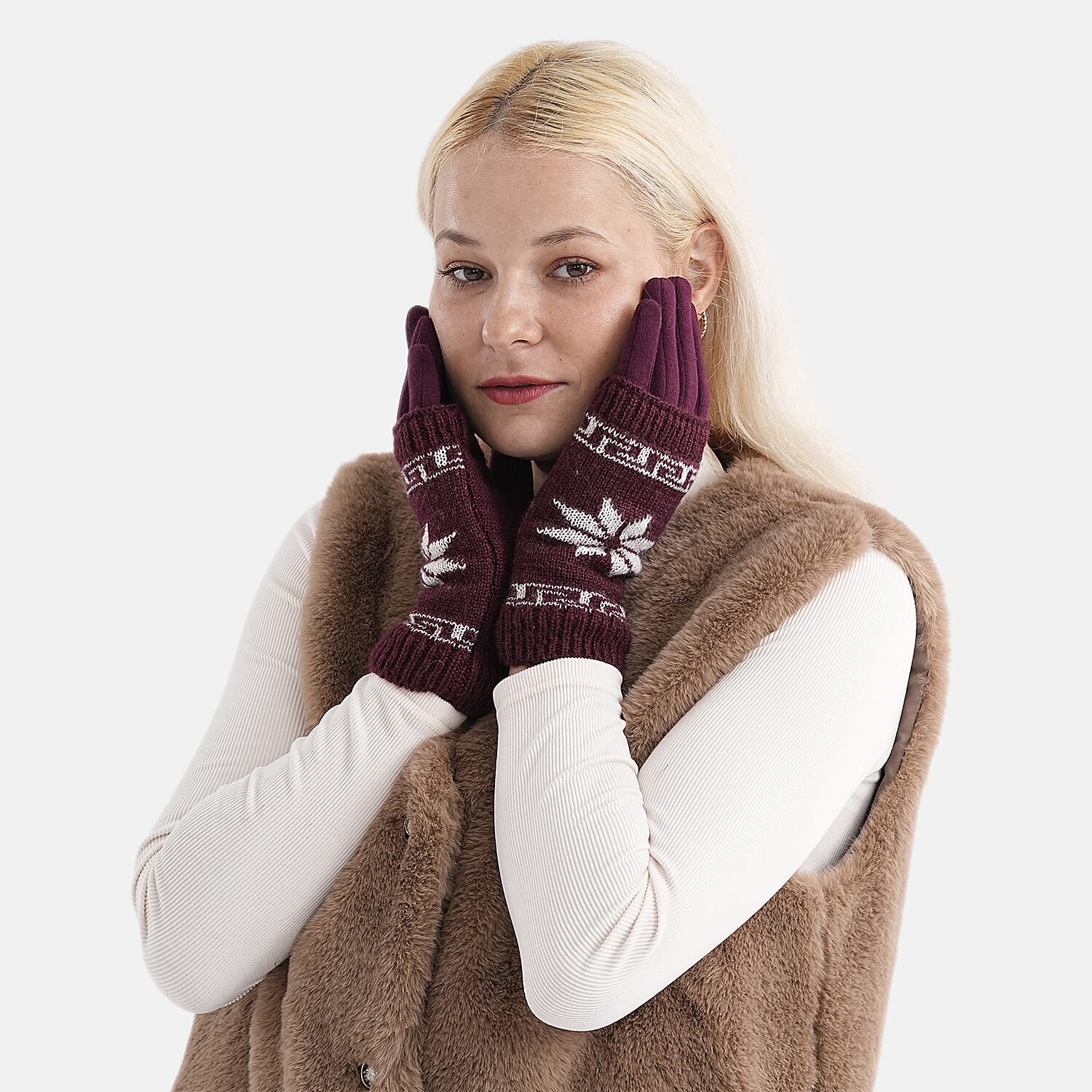 Two-in-One 5-finger Gloves & Fingerless Gloves (23 X 9 cm) - Burgundy