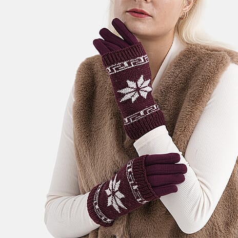 Two-in-One 5-finger Gloves & Fingerless Gloves (23 X 9 cm) - Burgundy