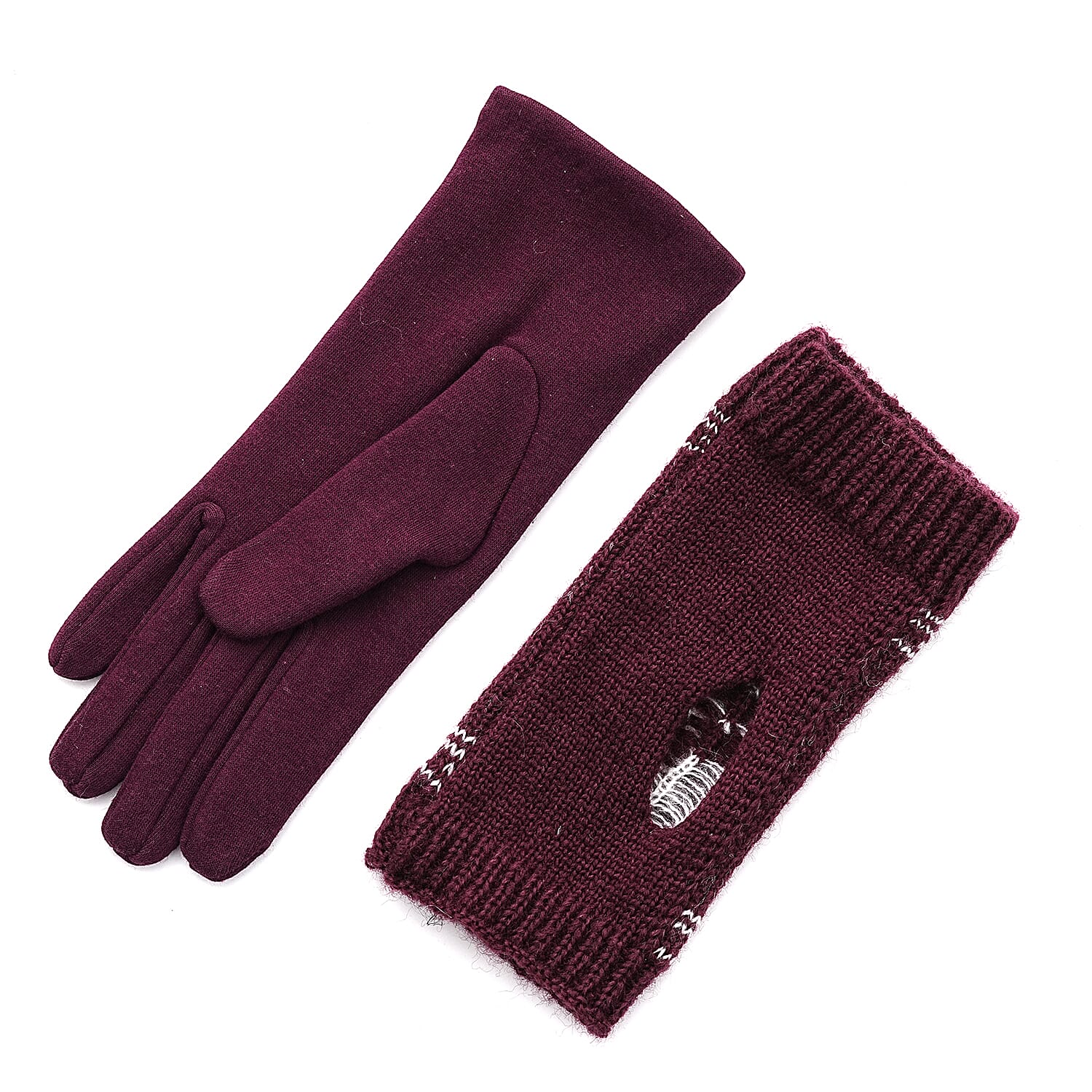 Two-in-One 5-finger Gloves & Fingerless Gloves (23 X 9 cm) - Burgundy