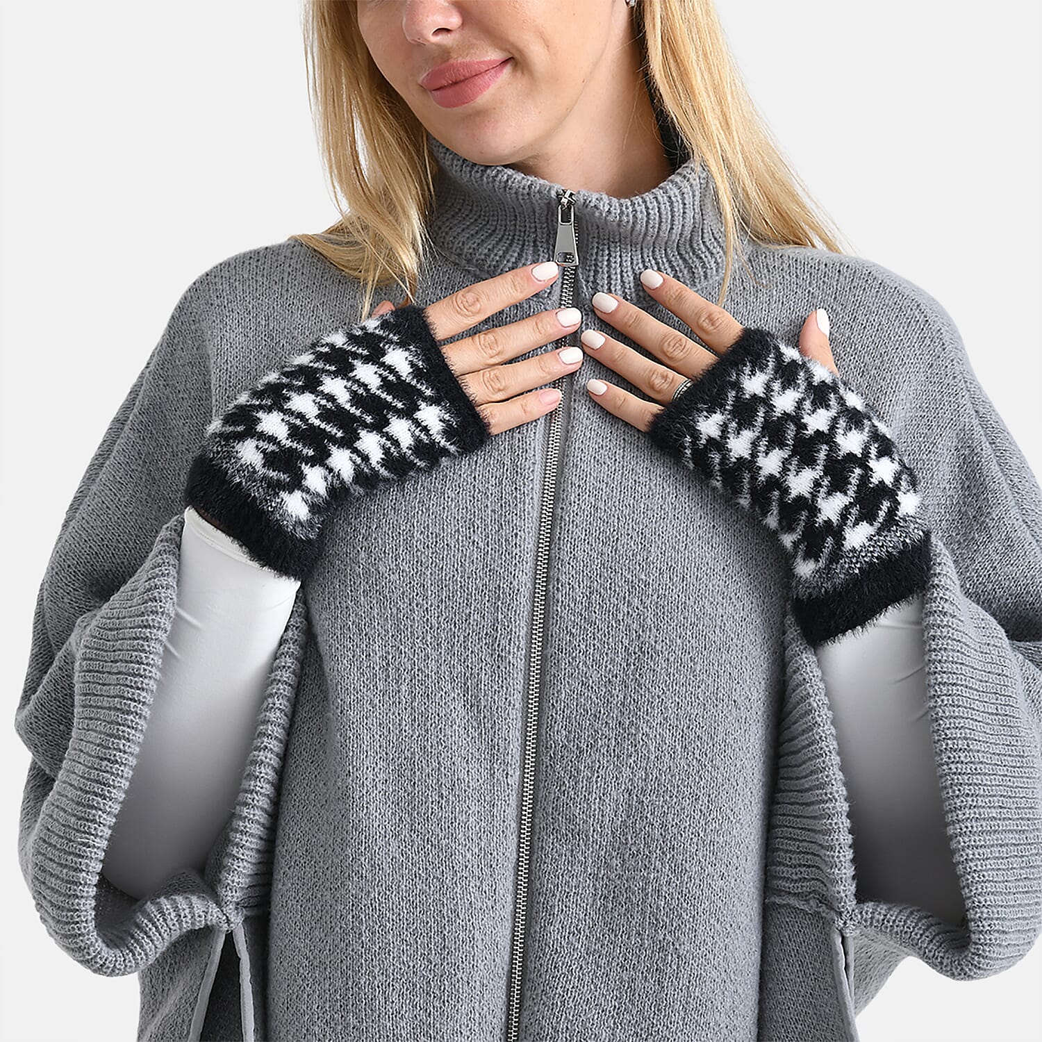 Two-in-One 5 Finger Gloves & Fingerless Mittens - Black & White