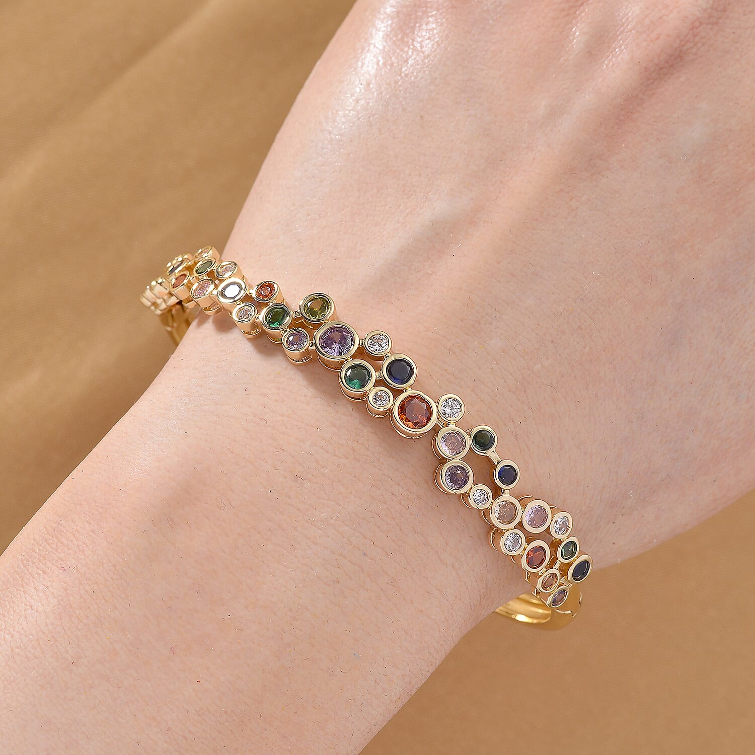 Bubble Collection - Multi Colour Cubic Zirconia Bangle (Size 7.5) in Yellow Gold Plated 2.80 Ct.