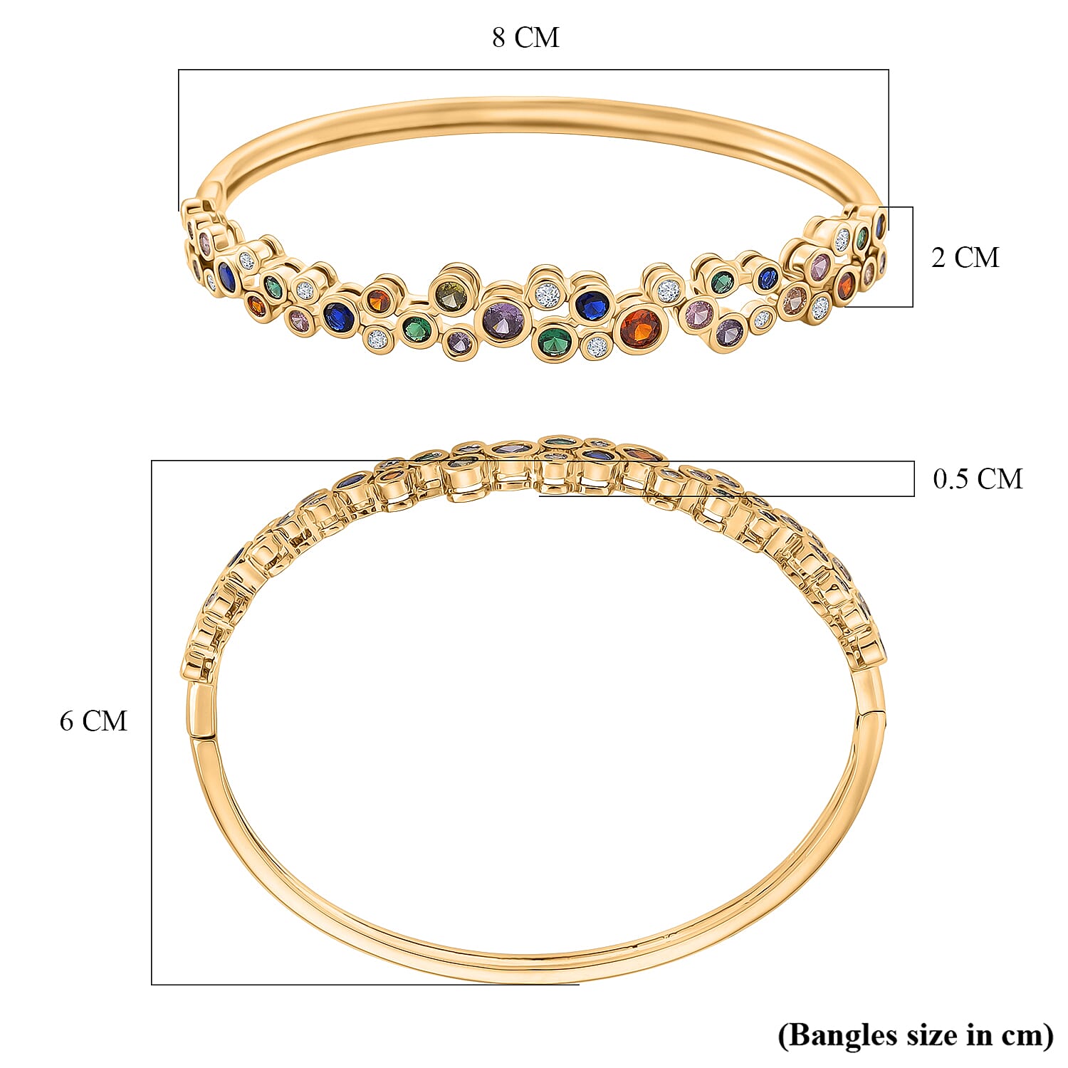 Bubble Collection - Multi Colour Cubic Zirconia Bangle (Size 7.5) in Yellow Gold Plated 2.80 Ct.