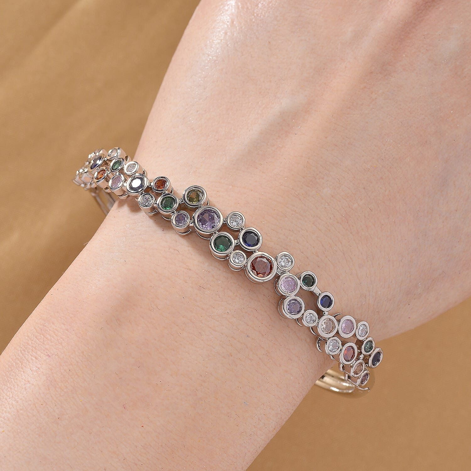 Bubble Collection - Multi Colour Cubic Zirconia Bangle (Size 7.5) in White Gold Plated 2.80 Ct.