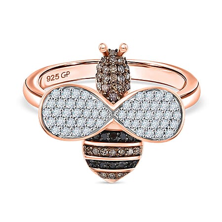 GP Italian Garden Collection - Black Diamond, Kanchanaburi Blue Sapphire, Champagne Diamond & White Diamond Ring in 18K Vermeil Rose Gold Plated Sterling Silver 0.50 Ct.