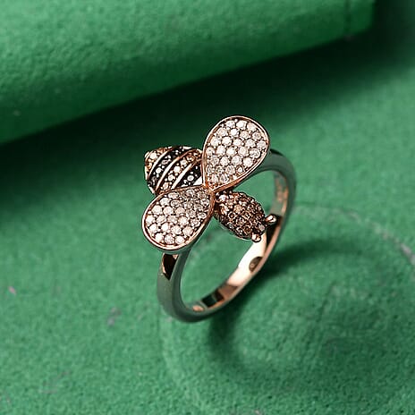 GP Italian Garden Collection - Black Diamond, Kanchanaburi Blue Sapphire, Champagne Diamond & White Diamond Ring in 18K Vermeil Rose Gold Plated Sterling Silver 0.50 Ct.