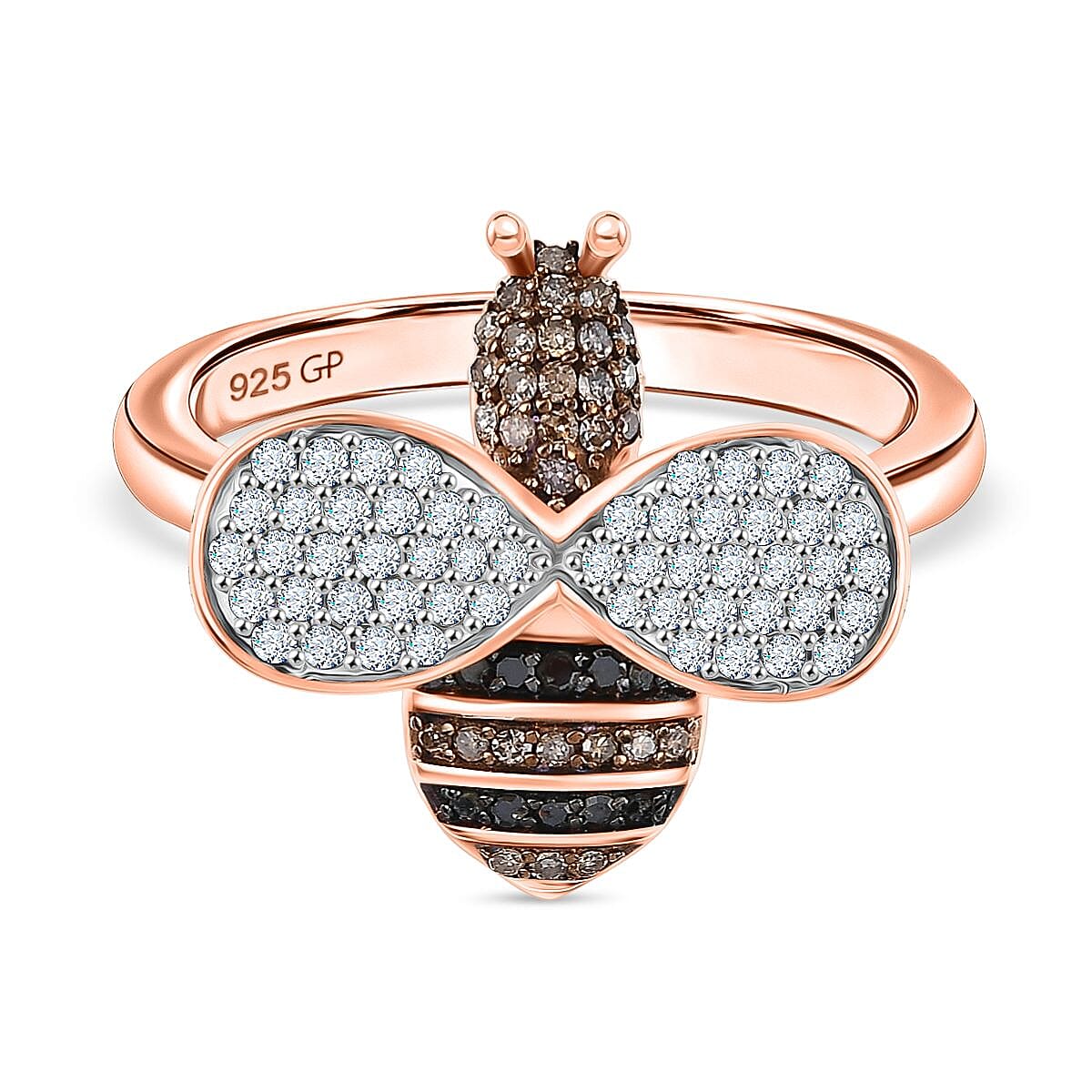 GP Italian Garden Collection - Black Diamond, Kanchanaburi Blue Sapphire, Champagne Diamond & White Diamond Ring in 18K Vermeil Rose Gold Plated Sterling Silver 0.50 Ct.