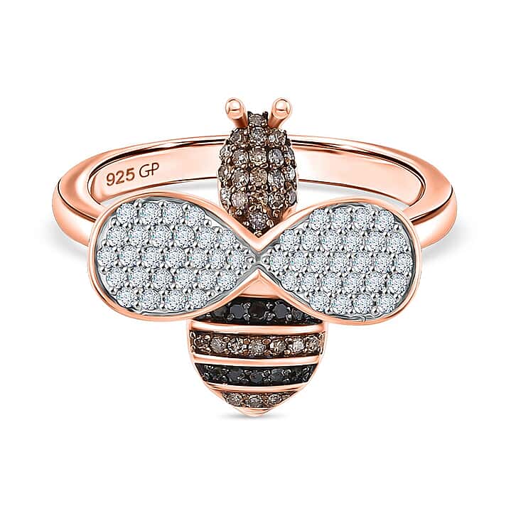 GP Italian Garden Collection - Black Diamond, Kanchanaburi Blue Sapphire, Champagne Diamond & White Diamond Ring in 18K Vermeil Rose Gold Plated Sterling Silver 0.50 Ct.