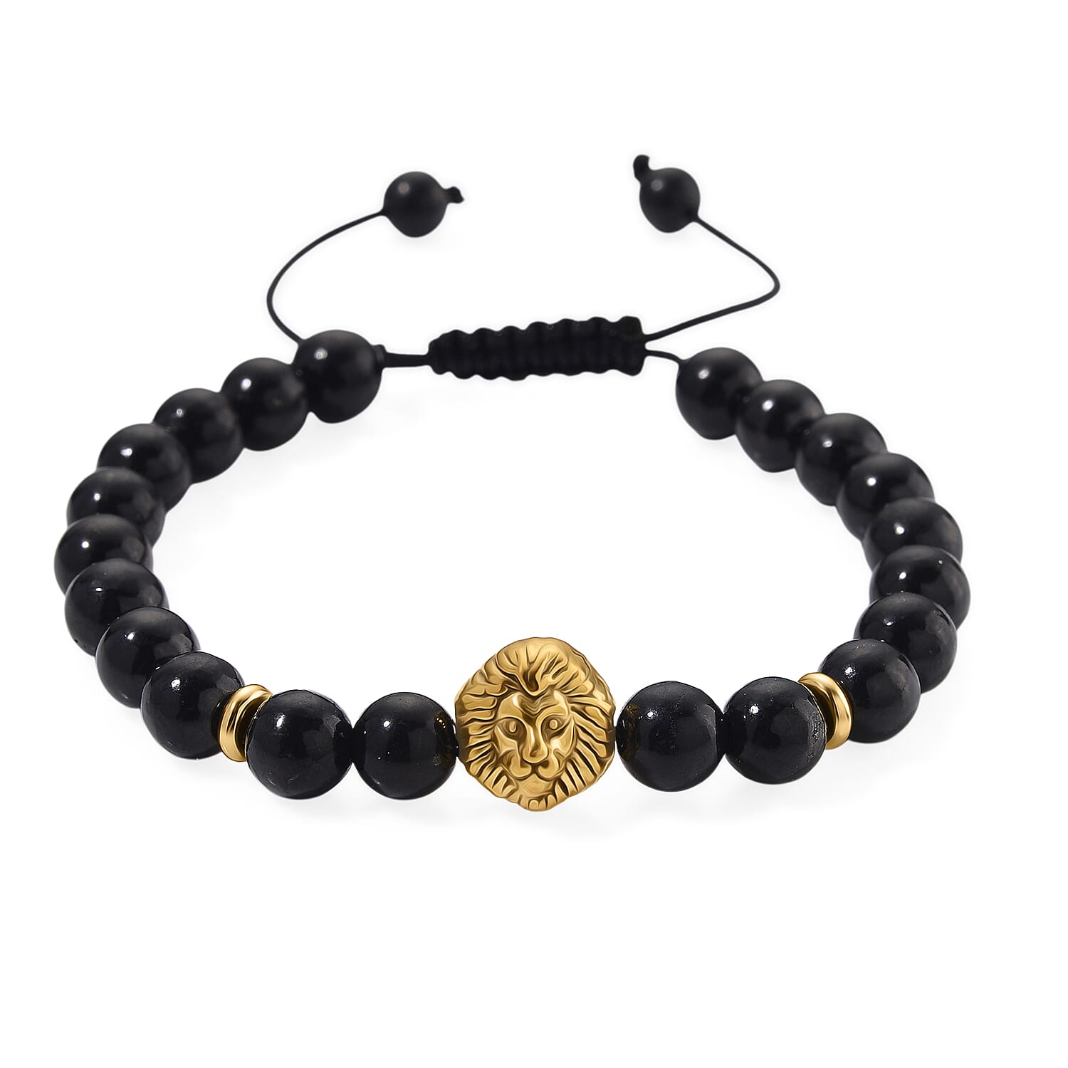The Majesty - Natural Shungite Lion Charm Bracelet (Size 6.5 - 9 Adjustable) in Yellow Gold Plated 75.00 Ct.
