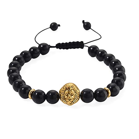 Natural Shungite Lion Charm Bracelet (Size 6.5 - 9 Adjustable) with Oxidised Yellow Gold tone 75.00 Ct.