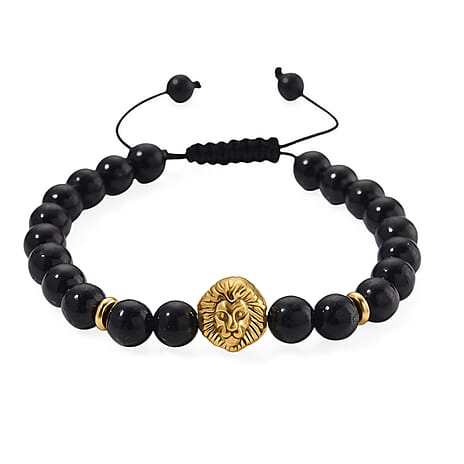 The Majesty - Natural Shungite Lion Charm Bracelet (Size 6.5 - 9 Adjustable) in Yellow Gold Plated 75.00 Ct.