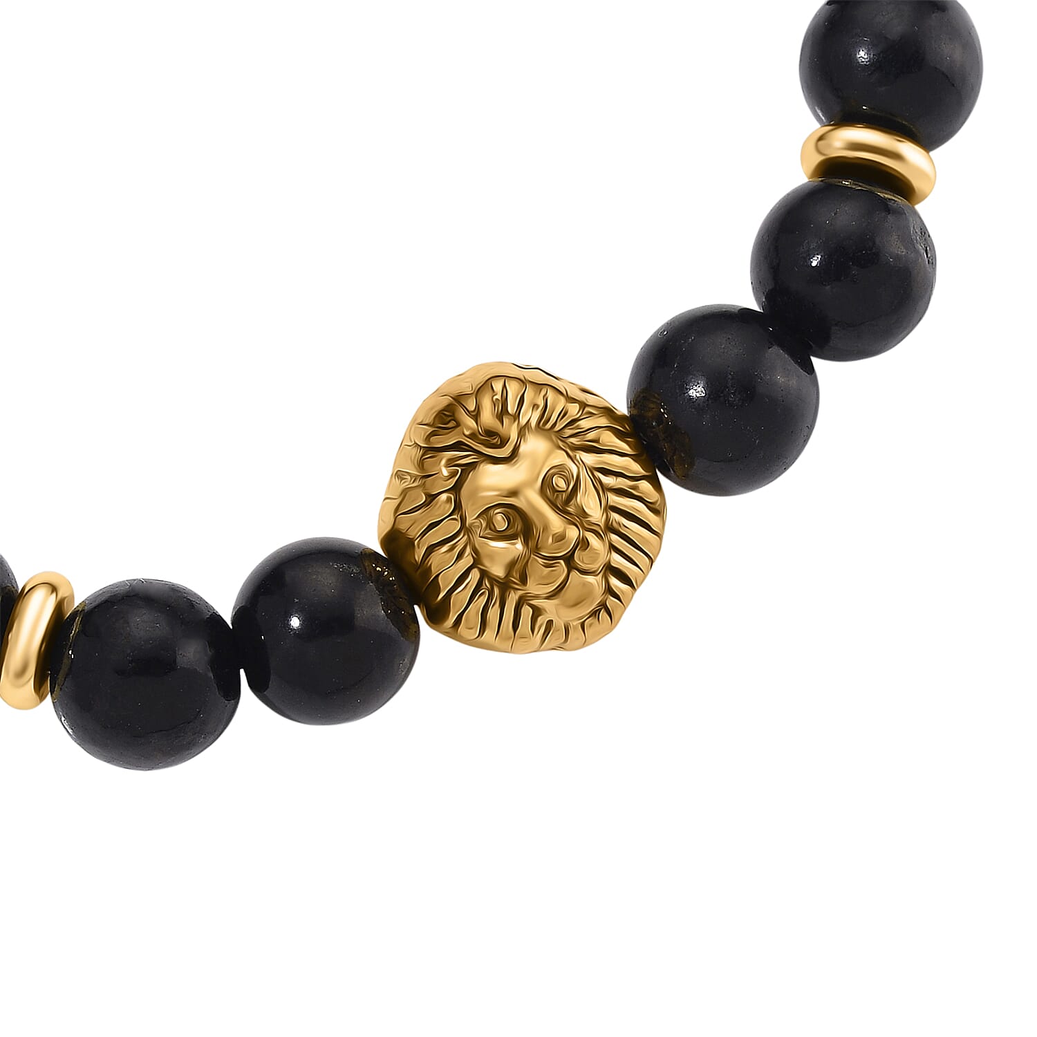 The Majesty - Natural Shungite Lion Charm Bracelet (Size 6.5 - 9 Adjustable) in Yellow Gold Plated 75.00 Ct.