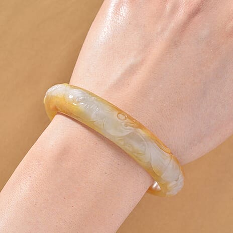 Extremely Rare -  Bi Colour White & Honey Jadeite Hand Carved Bangle (Size 8) 260.00 Ct.