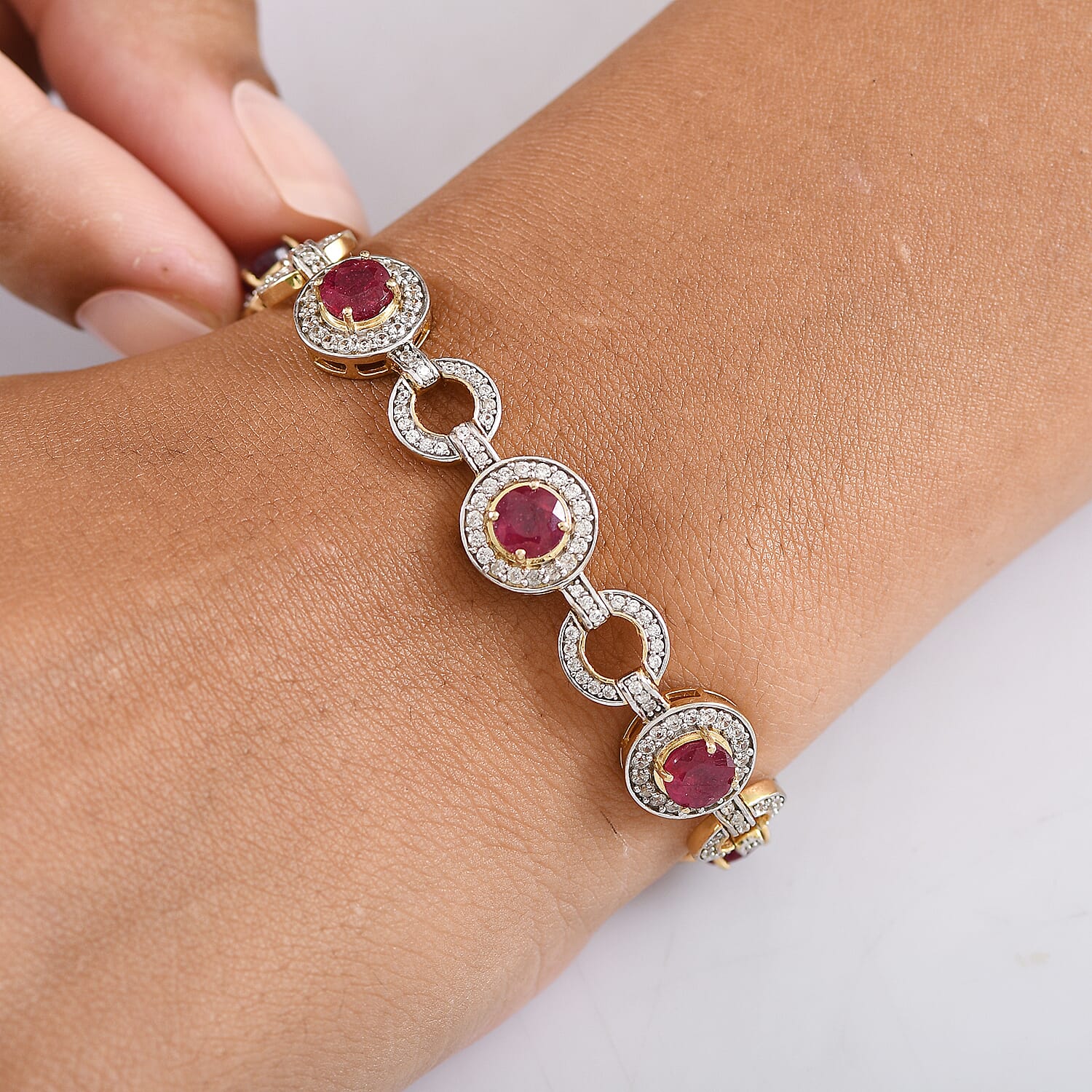 African Ruby & White Zircon Cluster Bracelet (Size 7.5) in 18K Yellow Gold Plating Sterling Silver 14.27 Ct, Silver Wt. 16.00 Gms.