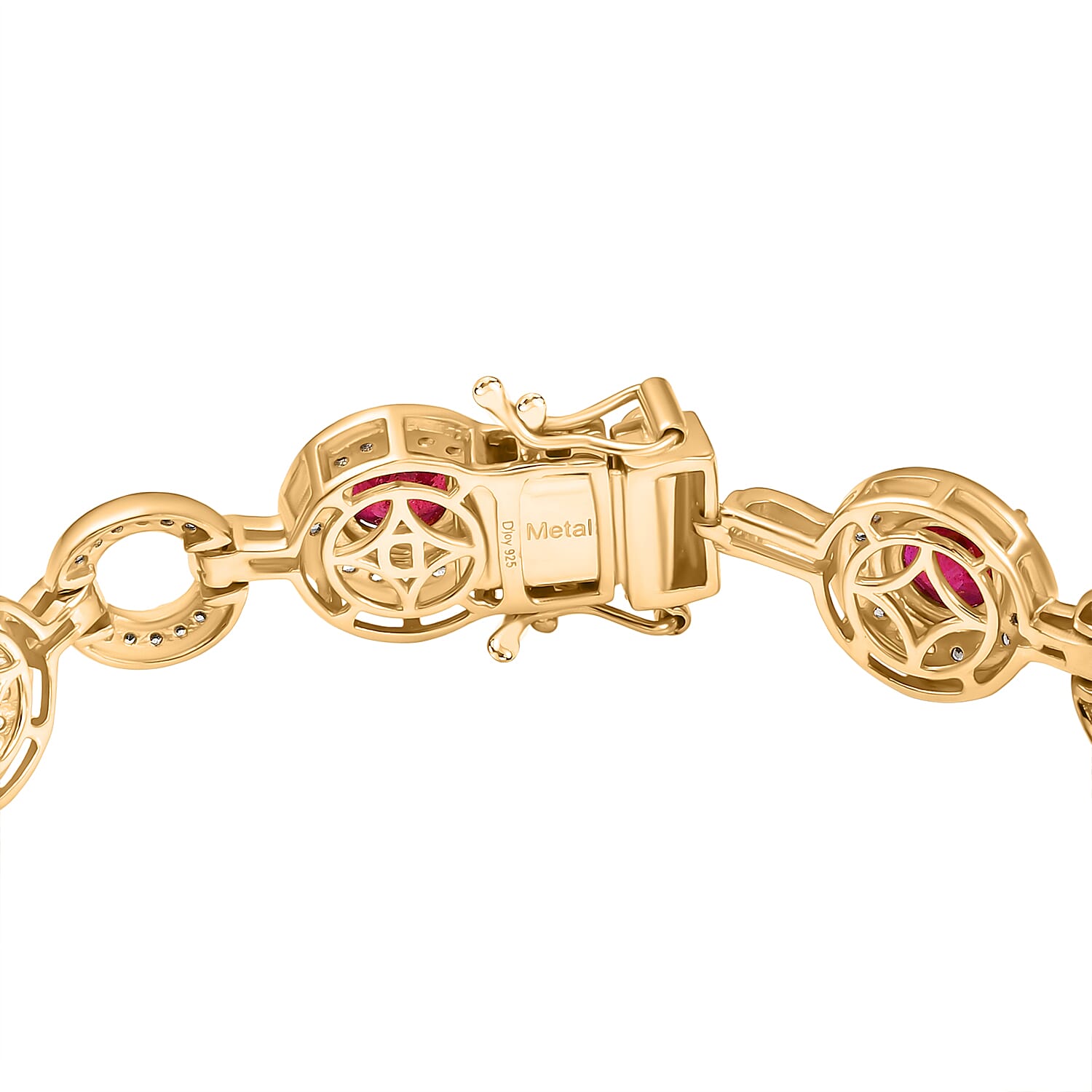 African Ruby & White Zircon Cluster Bracelet (Size 7.5) in 18K Yellow Gold Plating Sterling Silver 14.27 Ct, Silver Wt. 16.00 Gms.