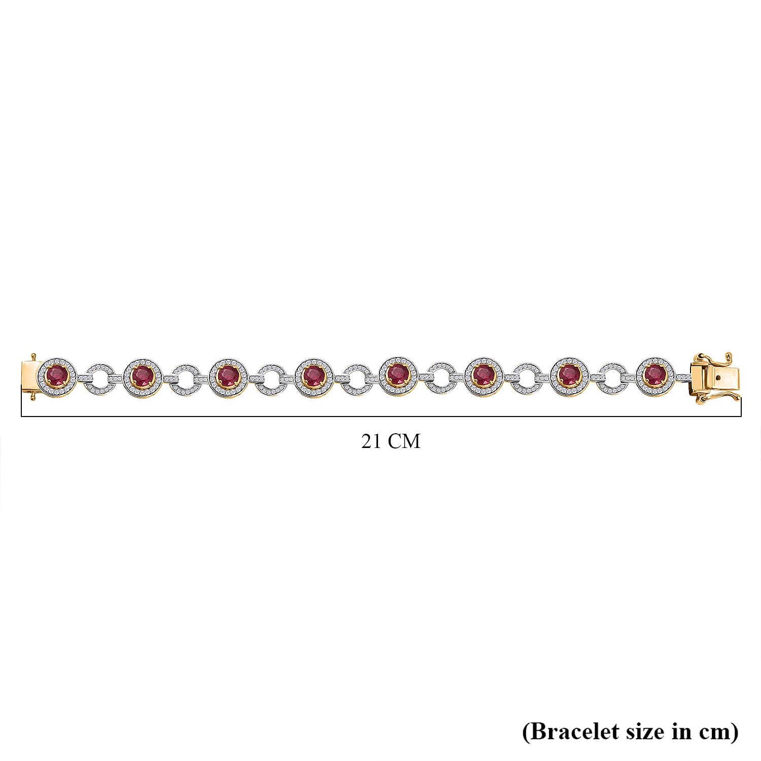 African Ruby & White Zircon Cluster Bracelet (Size 7.5) in 18K Yellow Gold Plating Sterling Silver 14.27 Ct, Silver Wt. 16.00 Gms.