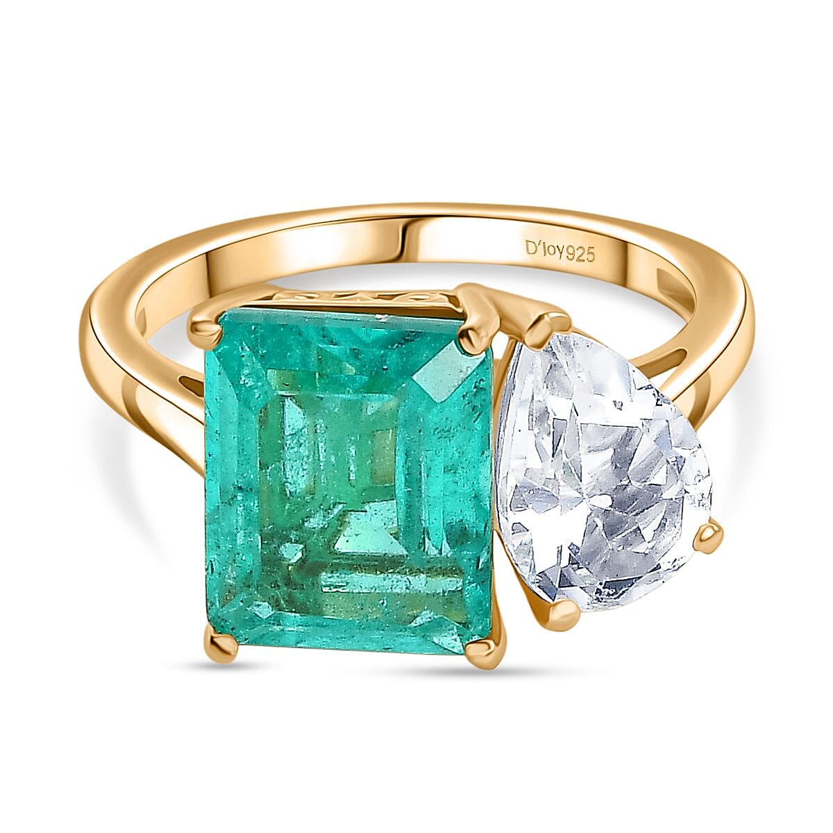 Djoy Emeraldine Quartz & White Topaz Ring in 18K Yellow Gold Plating Sterling Silver 6.16 Ct.
