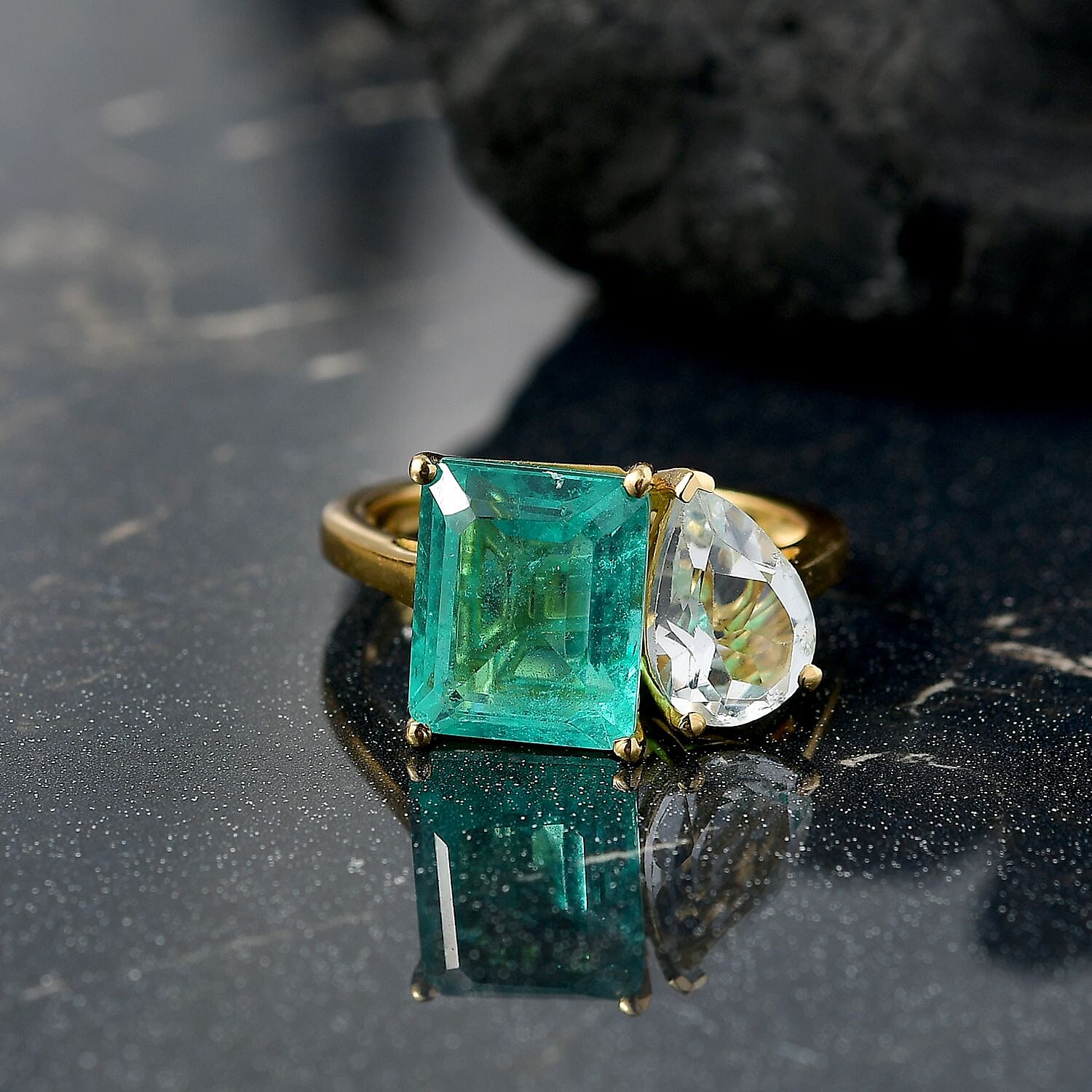 Djoy Emeraldine Quartz & White Topaz Ring in 18K Yellow Gold Plating Sterling Silver 6.16 Ct.