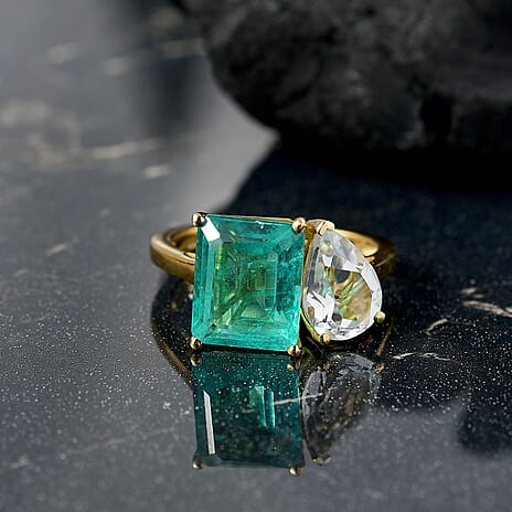 D'joy Emeraldine Quartz & White Topaz Ring in 18K Yellow Gold Plating Sterling Silver 6.16 Ct.