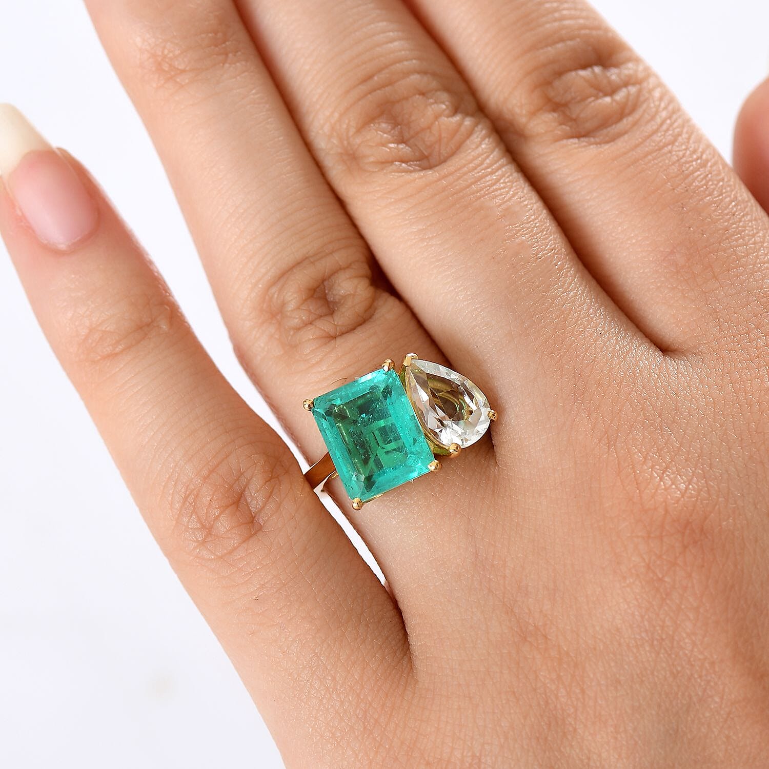Djoy Emeraldine Quartz & White Topaz Ring in 18K Yellow Gold Plating Sterling Silver 6.16 Ct.
