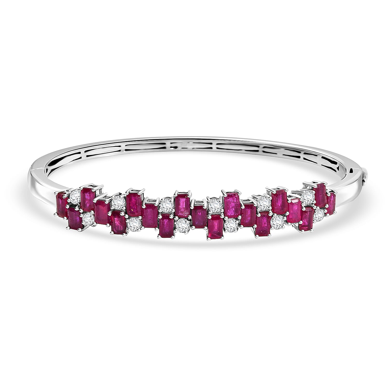 AAA African Ruby & Zircon Full Bangle in Rhodium Overlay Sterling Silver 11.49 Ct.
