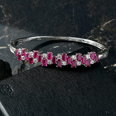 AAA African Ruby & Zircon Full Bangle in Rhodium Overlay Sterling Silver 11.49 Ct.