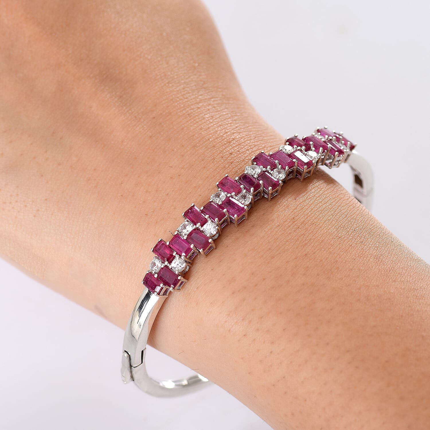 AAA African Ruby & Zircon Full Bangle in Rhodium Overlay Sterling Silver 11.49 Ct.