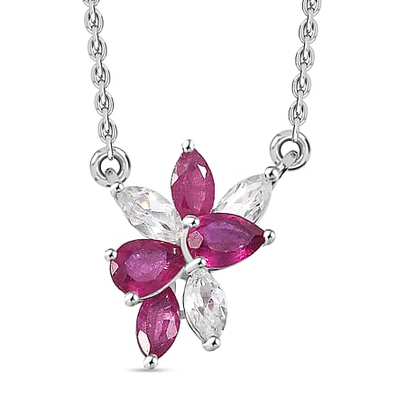 African Ruby & White Zircon Necklace (Size - 20) in Rhodium Overlay Sterling Silver 2.75 Ct.