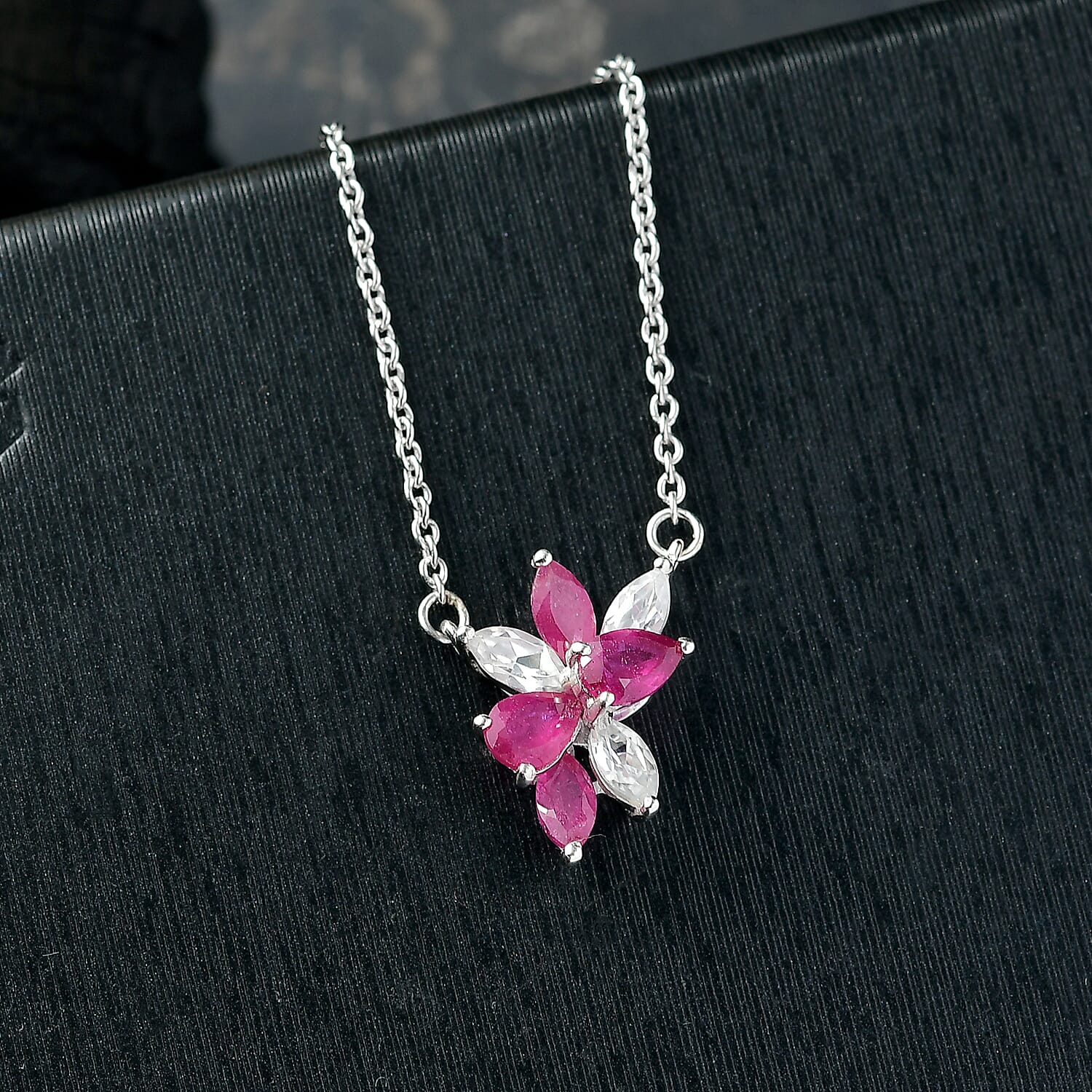 African Ruby & White Zircon Necklace (Size - 20) in Rhodium Overlay Sterling Silver 2.75 Ct.