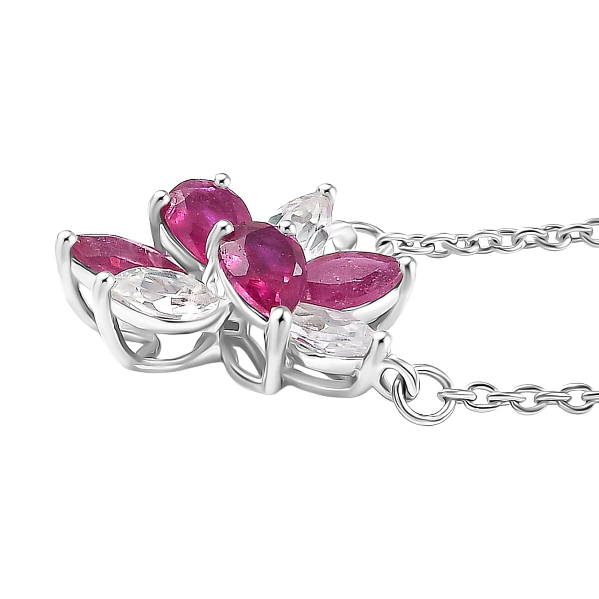 African Ruby & White Zircon Necklace (Size - 20) in Rhodium Overlay Sterling Silver 2.75 Ct.