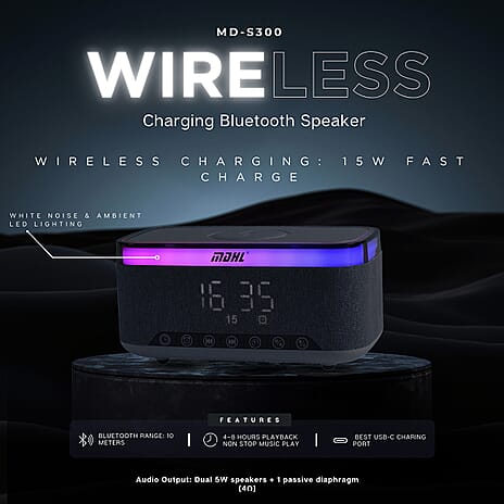 Wireless Charging Bluetooth Speaker with Alarm Clock & White Noise - White