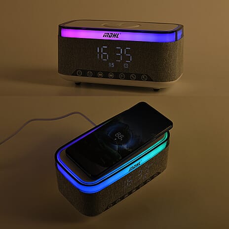 Wireless Charging Bluetooth Speaker with Alarm Clock & White Noise - White