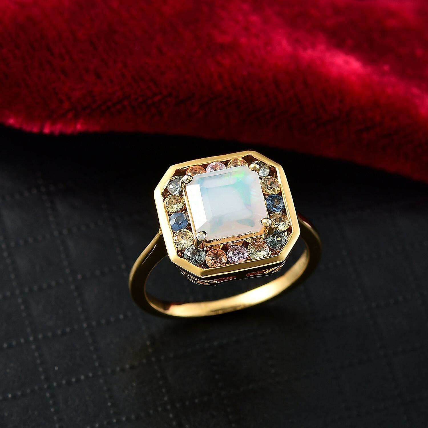 Djoy Natural Ethiopian Welo Opal & Multi Sapphire Garden of Light Ring in 18K Vermeil Yellow Gold Sterling Silver 2.38 Ct.